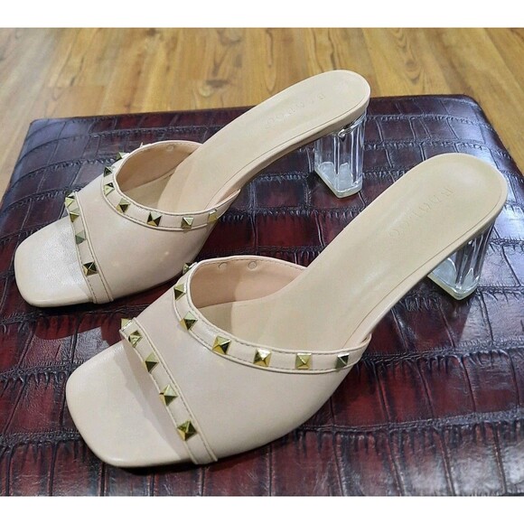 BAMBOO LUCENT-06 Nude Sparkle Chunky Clear Block Heel Slip On Mule Sandals Sz 8 - Picture 4 of 6